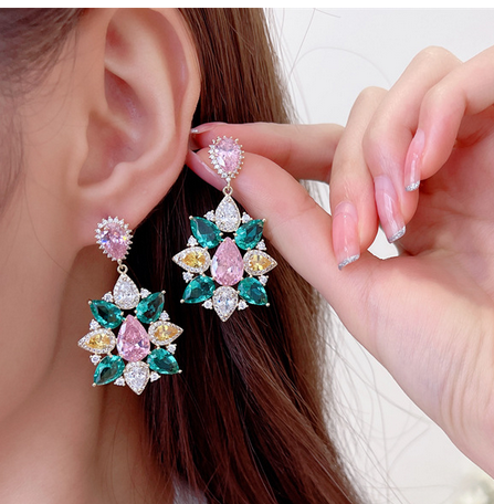 Jewelblings Luxury Colorful Pear Shaped CZ Stones Flower Drop Earrings