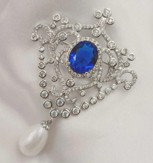 Jewelblings Royal Vintage Open Scroll Blue Oval Stone Art Deco Brooch Badge Pin with Pearl Drop