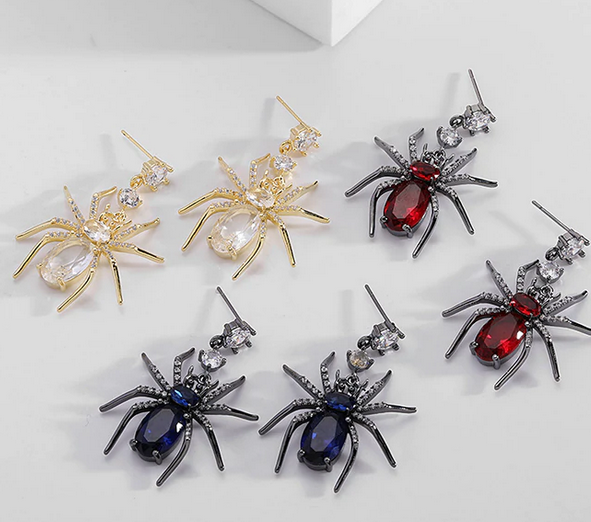Jewelblings Gothic Vintage Black Tone Blood Red Spider Earrings Halloween Witch Jewelry