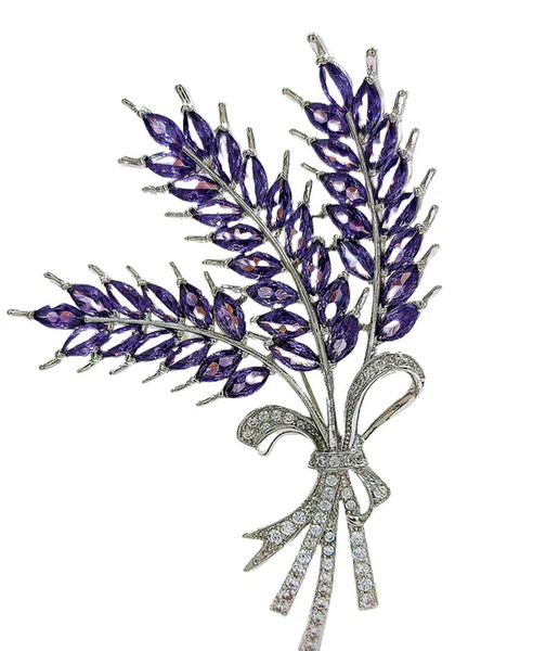 Elegant Silver and Purple Cubic Zircon Wheat Sheaf Brooch Pin Lavender Collection Jewelry