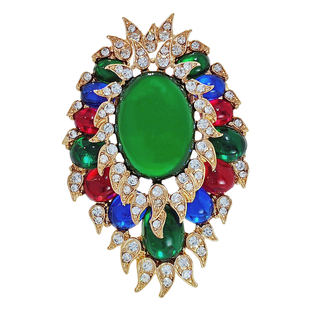 INDIA Vintage Style Cluster Imitated EMERALD CABOCHON Brooch Pin Costume Jewelry