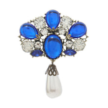 Load image into Gallery viewer, Glamorous Vintage - style Brooch with Blue Stones, Crystals and Hanging Pearl
