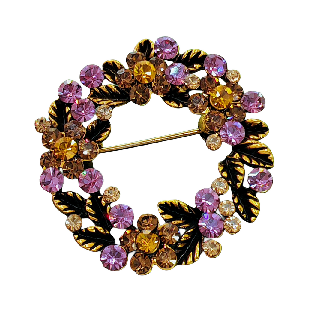 Vintage Purple Champagne Rhinestones Wreath Pin Brooch Gold Tone Round Circle Classic Pin