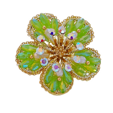 Load image into Gallery viewer, Jewelblings Delightful Gold Tone AB Crystal Accent Green Flower Pins Brooch for Costume Cothes Sweater Coat Special Gift Anniversary Jewelry

