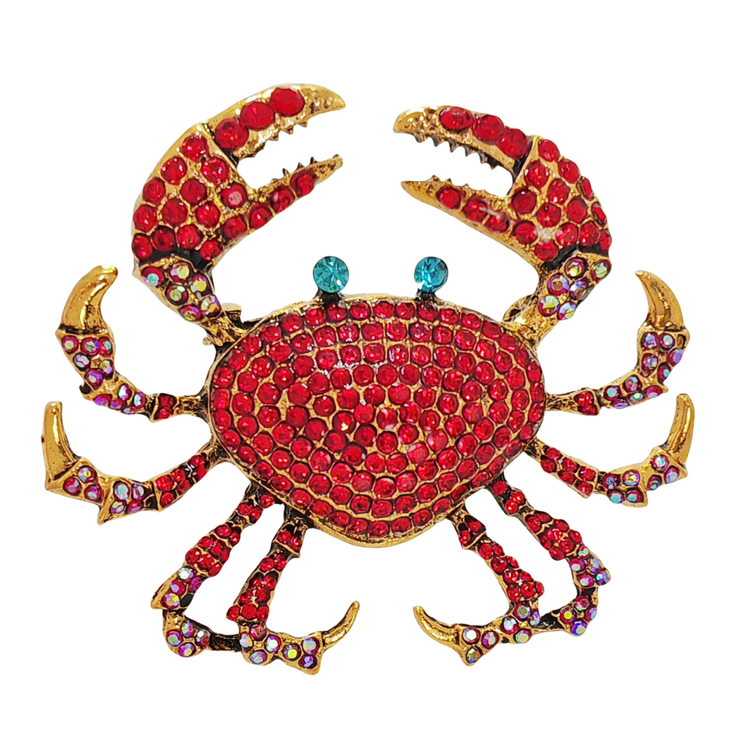 Shimmering Oversize Red Crystal Crab Brooch Beach Animal Jewelry