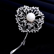 Load image into Gallery viewer, Stunning Long Stem Pearl&amp; CZ Dandelion Flower Brooch Pin Taraxacum Jewelry
