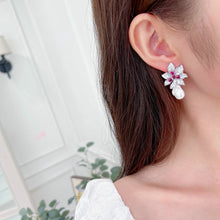 Load image into Gallery viewer, Elegant Pink Orchid Flower &amp; Baroque Pearl Drop Earrings
