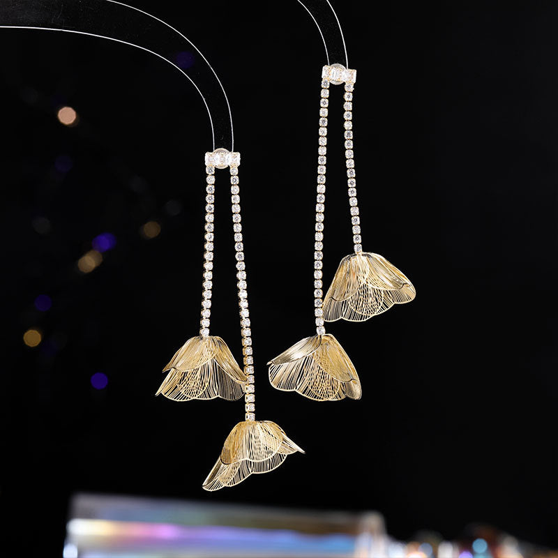 Romance Double Tassel Gold Metal Flower Drop Earrings for Women Girl Accessory