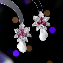 Load image into Gallery viewer, Elegant Pink Orchid Flower &amp; Baroque Pearl Drop Earrings
