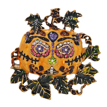 Load image into Gallery viewer, Spooky Vintage Crystal &amp;Green Vine Accent Enamel Halloween Pumpkin Brooch Pin
