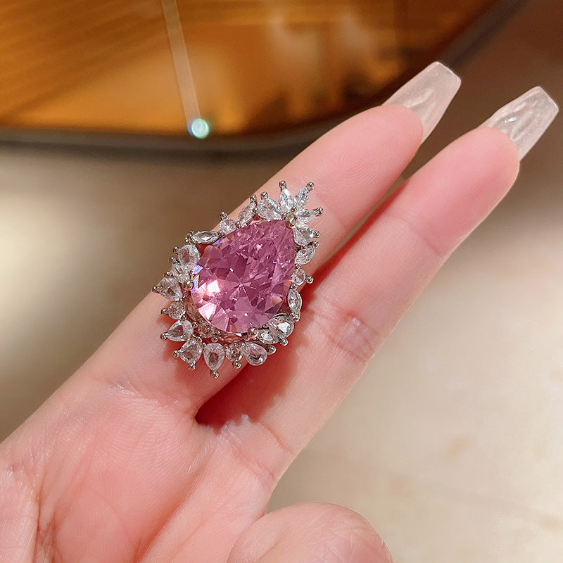 Pretty CZ Cluster Pink Pear Shaped Halo Adjustable Rings for Women Party