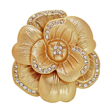 Load image into Gallery viewer, Elegancy Gold Metallic Bloom Camellia Flower Brooch Pin with Crystal Accent
