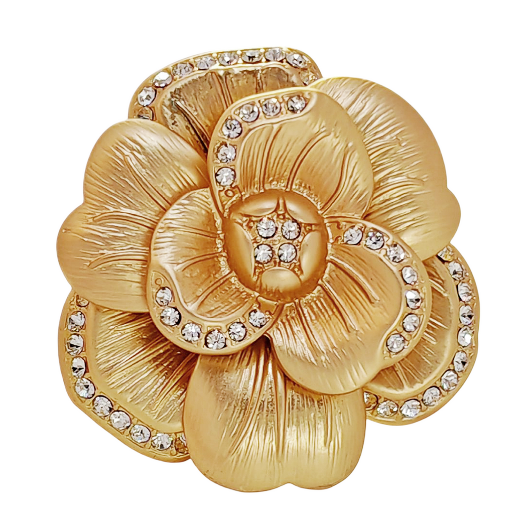 Elegancy Gold Metallic Bloom Camellia Flower Brooch Pin with Crystal Accent
