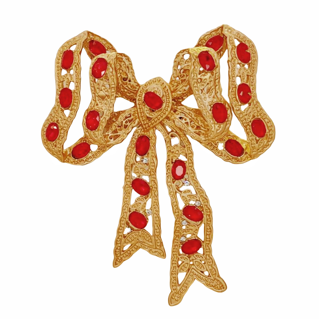 Fancy Style Oversize Gold & Red Christmas Bow Brooch Pin Holiday Party Jewelry