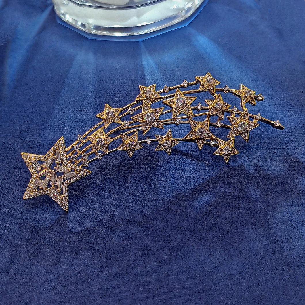 90’s Inspiration Gold Tone Cubic Zircon Shooting Star Brooch Pin Starburst Jewelry