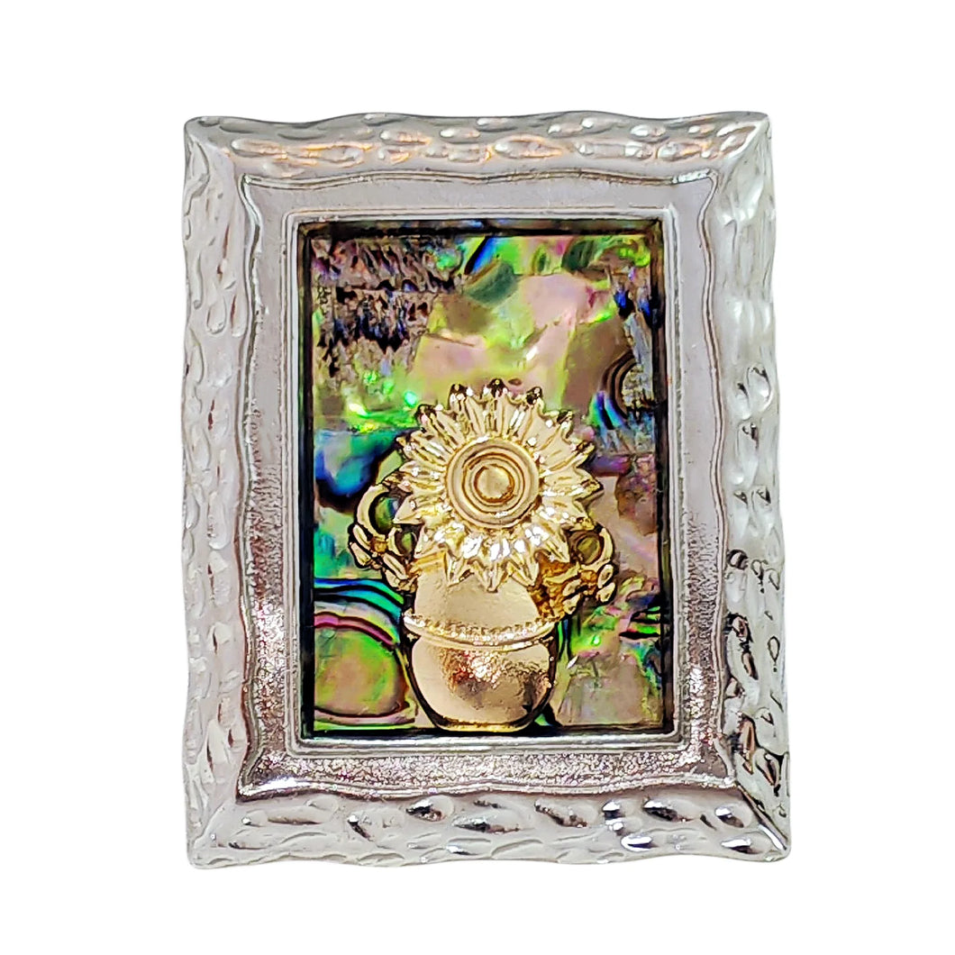 Abstract Art Vintage Abalone Accent Sunflower Vase Picture Frame Brooch Pin Silver Tone