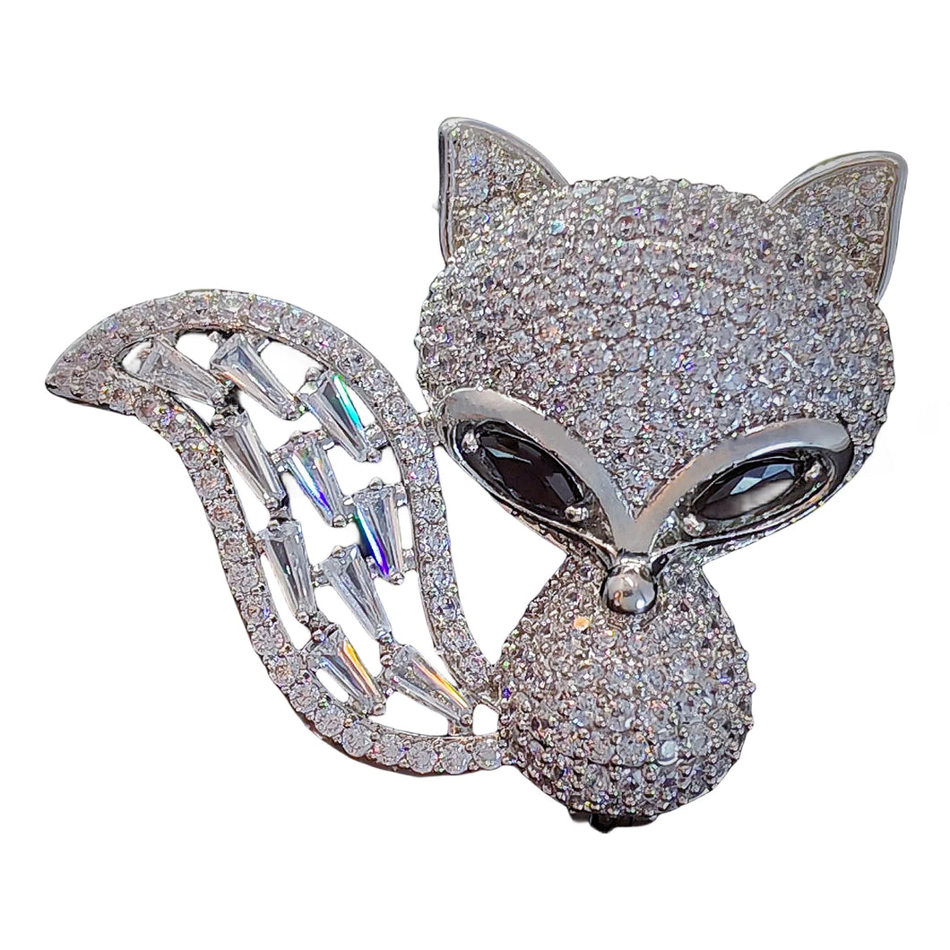 Adorable Full CZ Big Tail Black Eyed Fox Brooch Pin Bling Animal Jewelry