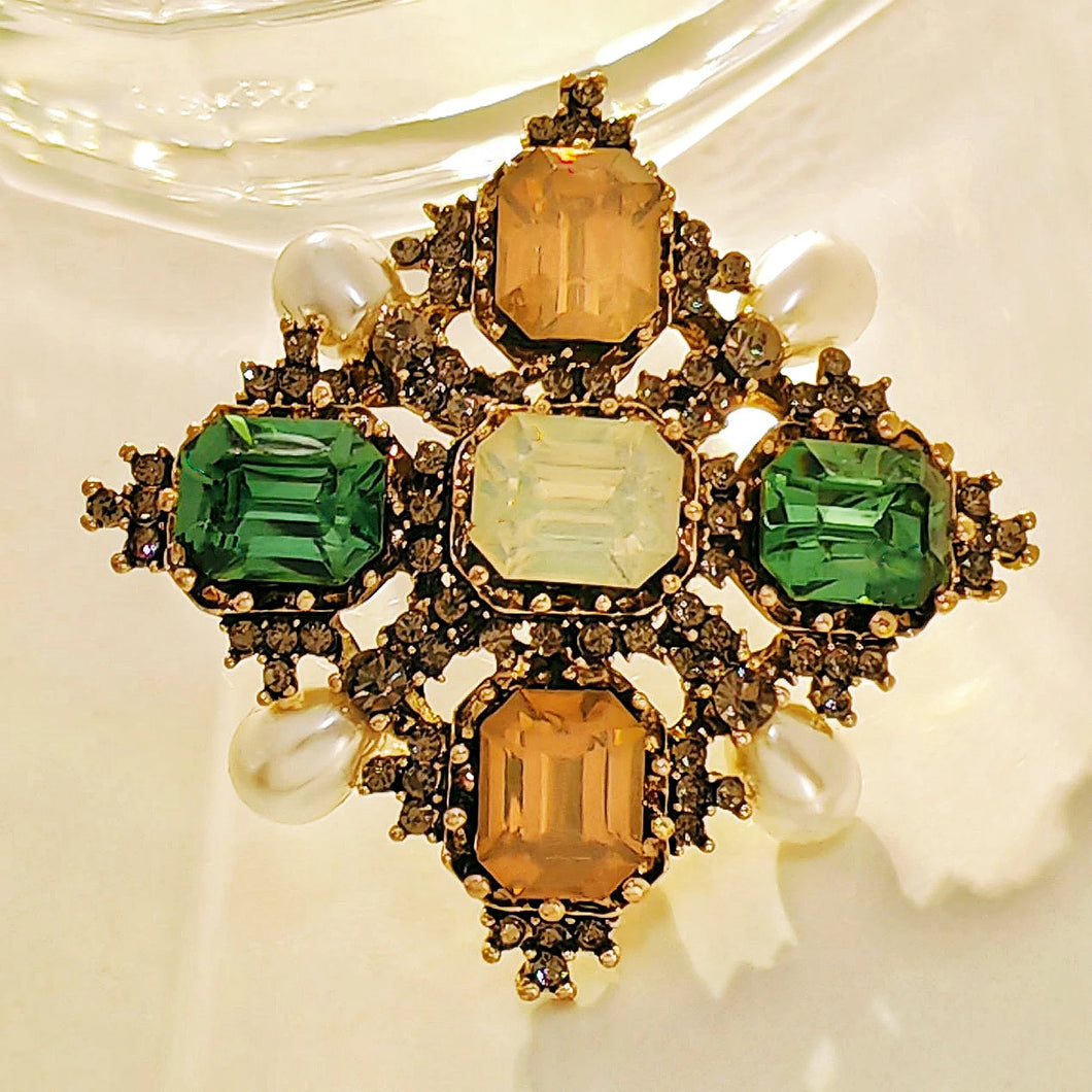 Byzantine Vintage Imitated Pearl and Color Stone Maltese Cross Brooch Pin for Women