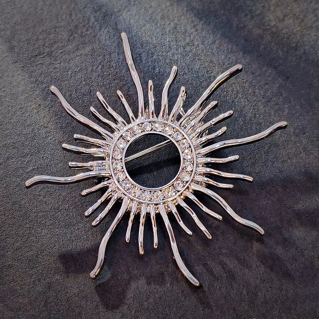 Classic Opens Silver Metallic Sunburst Pin Brooch with Crystal Accent