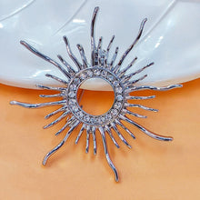 Load image into Gallery viewer, Classic Opens Silver Metallic Sunburst Pin Brooch with Crystal Accent

