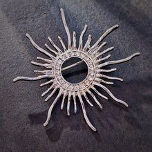 Load image into Gallery viewer, Classic Opens Silver Metallic Sunburst Pin Brooch with Crystal Accent
