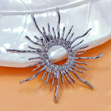 Load image into Gallery viewer, Classic Opens Silver Metallic Sunburst Pin Brooch with Crystal Accent
