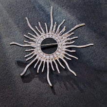 Load image into Gallery viewer, Classic Opens Silver Metallic Sunburst Pin Brooch with Crystal Accent
