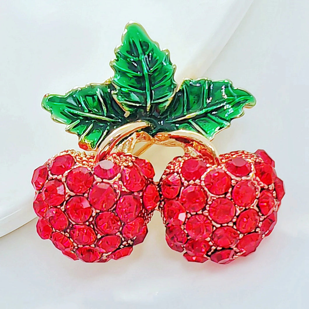 Cute Red Crystal Cherry Pin Brooch for Women Girl Accessory