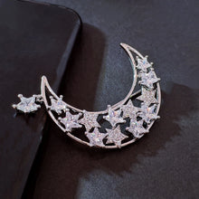 Load image into Gallery viewer, Delicate Silver Tone Opens Outline Moon &amp; CZ Stars Brooch with Star tassel Eclipse Jewelry
