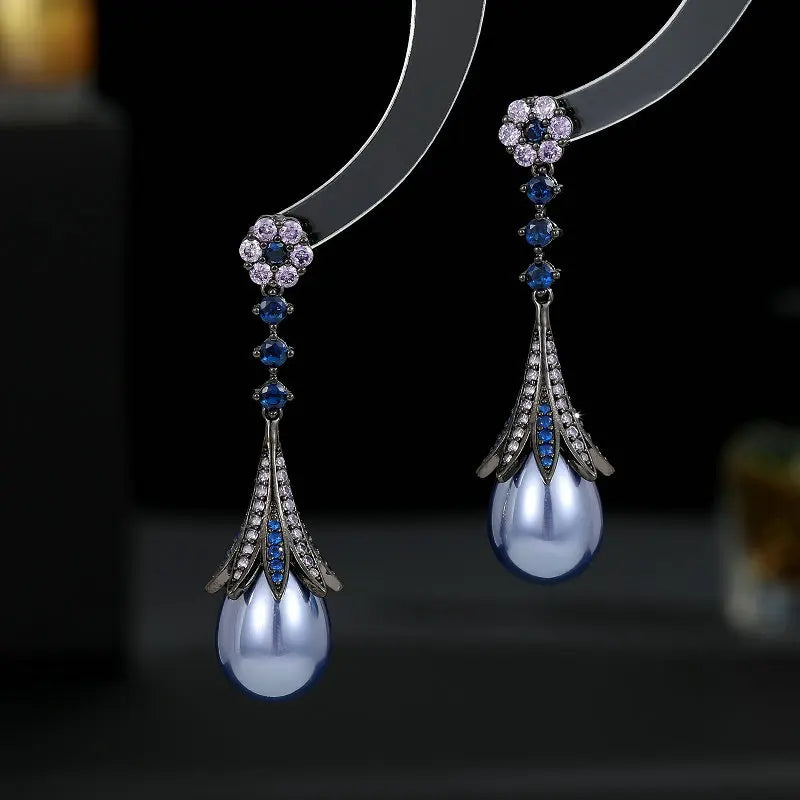 Elegancy Vintage Long Floral Stud Pear Drop Earrings Old European Stylish Jewelry