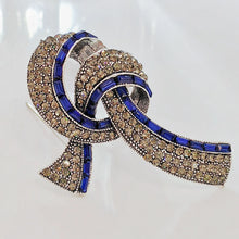 Load image into Gallery viewer, Elegant Vintage Blue Baguette and Champagne Crystal Ribbon Bow Brooch for Mom Her
