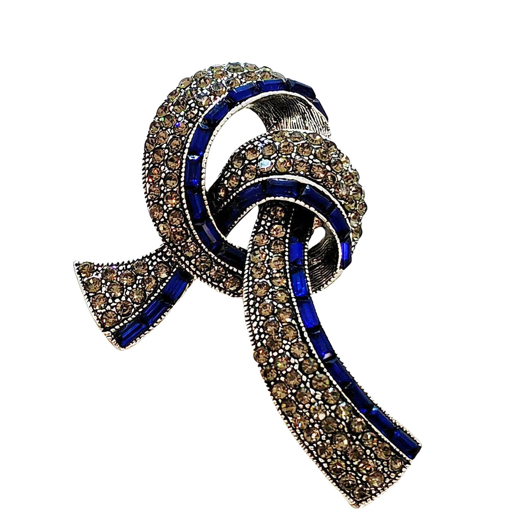 Elegant Vintage Blue Baguette and Champagne Crystal Ribbon Bow Brooch for Mom Her