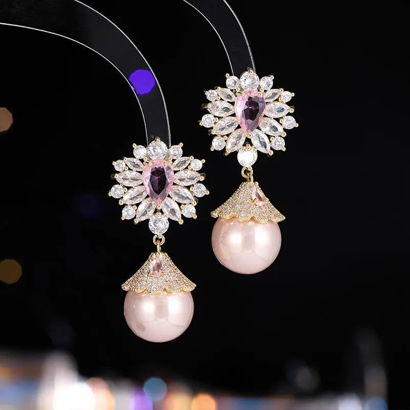 Elegant Vintage Green Flower Pearl Drop Earrings Wedding Party Accessory