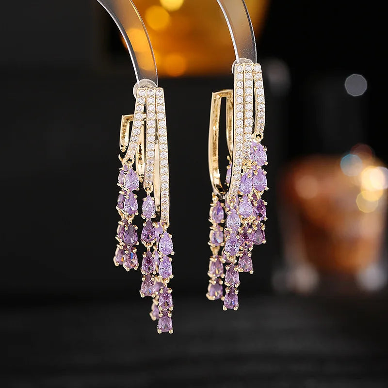 Exquisite Trio Half Hoop Link Clear and Pink Pear Tassel Earrings for Evening Party