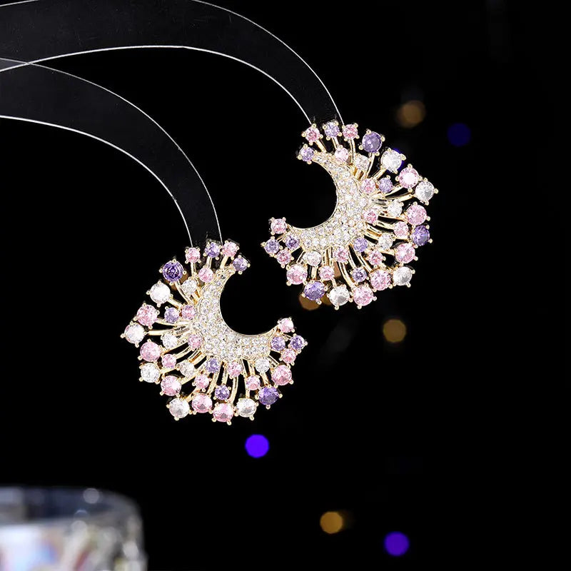 Fashion Designer Gold Tone Sprout &Burst CZ Purple Blue Moon  Earrings for Office Lady Wear
