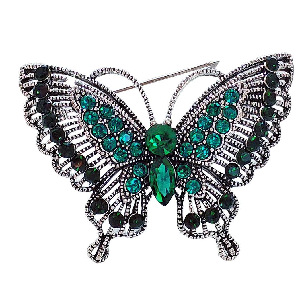Glamorous Vintage Silver Tone Filigree Green Crystal Butterfly Brooch for Women
