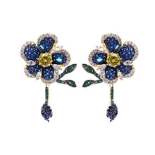 Load image into Gallery viewer, Gorgeous Full Pave Crystal Vine Leaf Dark Blue Flower Earrings 3D Cocktail Jewelry
