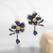 Load image into Gallery viewer, Gorgeous Full Pave Crystal Vine Leaf Dark Blue Flower Earrings 3D Cocktail Jewelry
