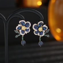 Load image into Gallery viewer, Gorgeous Full Pave Crystal Vine Leaf Dark Blue Flower Earrings 3D Cocktail Jewelry
