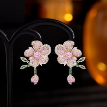 Load image into Gallery viewer, Gorgeous Full Pave Crystal Vine Leaf Dark Blue Flower Earrings 3D Cocktail Jewelry
