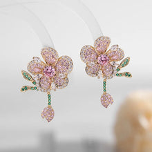 Load image into Gallery viewer, Gorgeous Full Pave Crystal Vine Leaf Dark Blue Flower Earrings 3D Cocktail Jewelry
