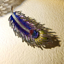Load image into Gallery viewer, Gorgeous Gold Tone Blue Purple Enamel Peacock Feather Brooch Pin with AB Tear Stone
