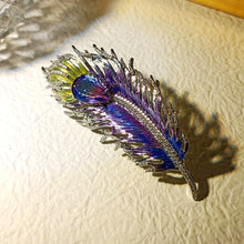 Load image into Gallery viewer, Gorgeous Gold Tone Blue Purple Enamel Peacock Feather Brooch Pin with AB Tear Stone
