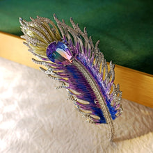 Load image into Gallery viewer, Gorgeous Gold Tone Blue Purple Enamel Peacock Feather Brooch Pin with AB Tear Stone
