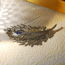 Load image into Gallery viewer, Gorgeous Gold Tone Blue Purple Enamel Peacock Feather Brooch Pin with AB Tear Stone
