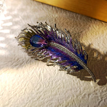 Load image into Gallery viewer, Gorgeous Gold Tone Blue Purple Enamel Peacock Feather Brooch Pin with AB Tear Stone
