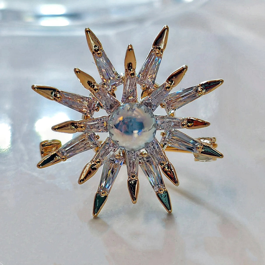 Gorgeous Two-Tiered Baguette CZ & Pearl Starburst Brooch Pin