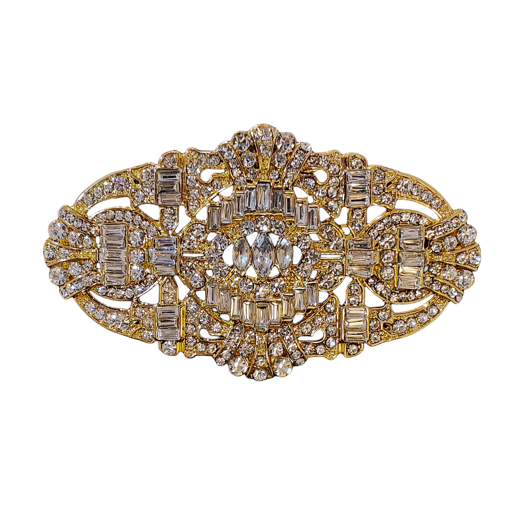 Victorian Antique Stylish Gold-tone Art nouveau Oval Rhinestone Brooch Pin Costume Jewelry