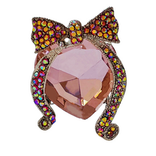 Load image into Gallery viewer, Jewelblings Designer Fashion Rainbow Colored Ribbon Bow &amp; Girl Head Brooch Pin with Pink Stone Accent Beauty Profile Jewelry for Women Dress
