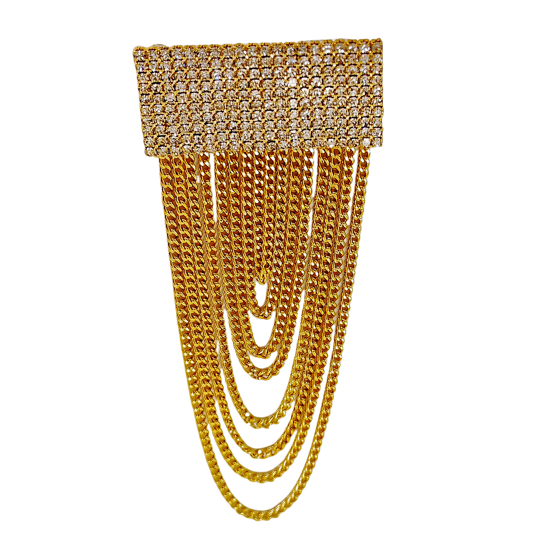 Jewelblings Hip-hop Fashion Inspiration Wide Crystal Pave Bar and Golden Link Chain Drop Brooches Badge Pins for Unisex Base Cloth Accessory
